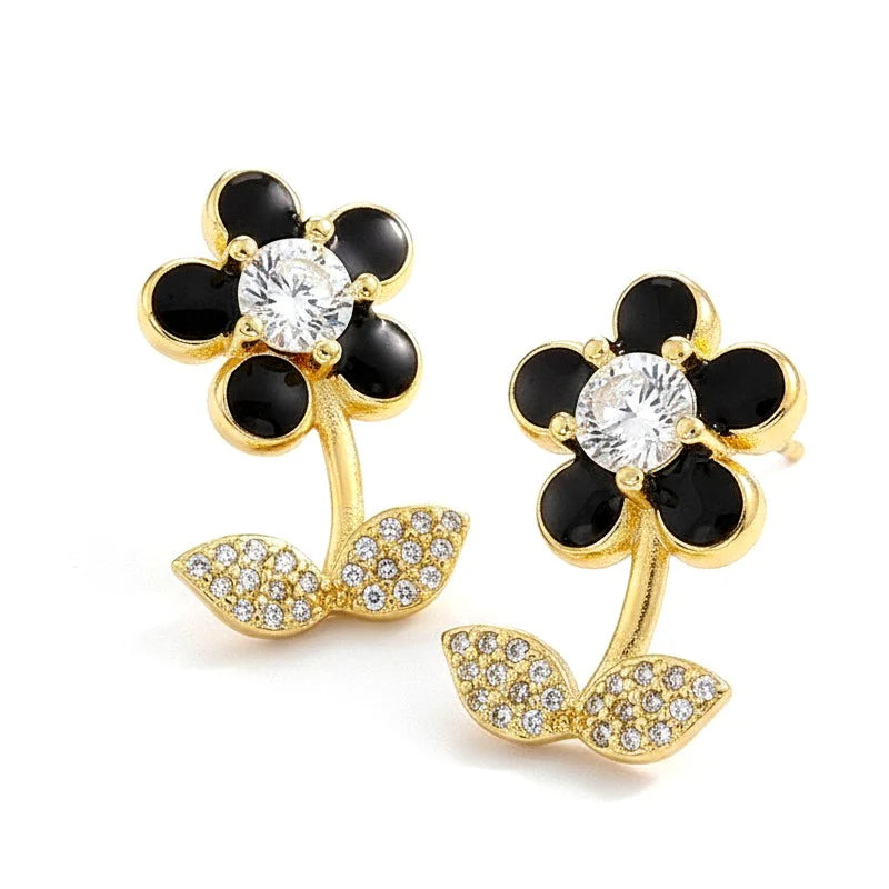 Boucles d'Oreilles Fleur Noire Dorée