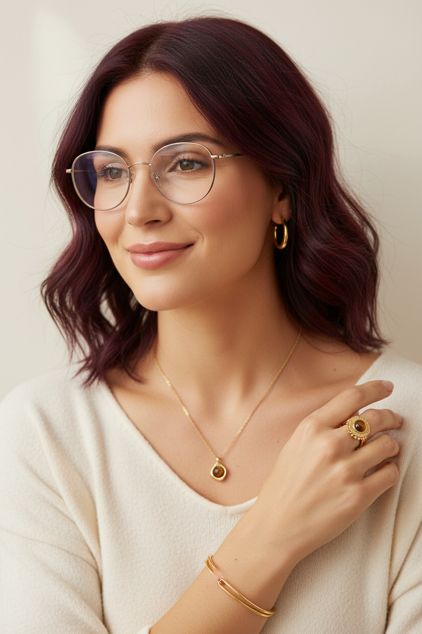 Femme aux cheveux bouclés bordeaux portant les bijoux